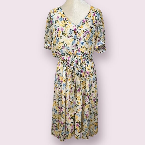 Calvin Klein Dresses & Skirts - Calvin Klein Women's Midi Dress Floral Short Sleeve Belted Size 14 Elastic Waist